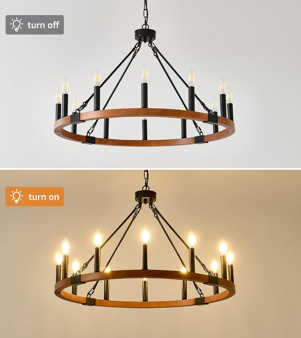 HHR 32" Wood Wagon Wheel Chandelier 12-Light Round Farmhouse Chandelier