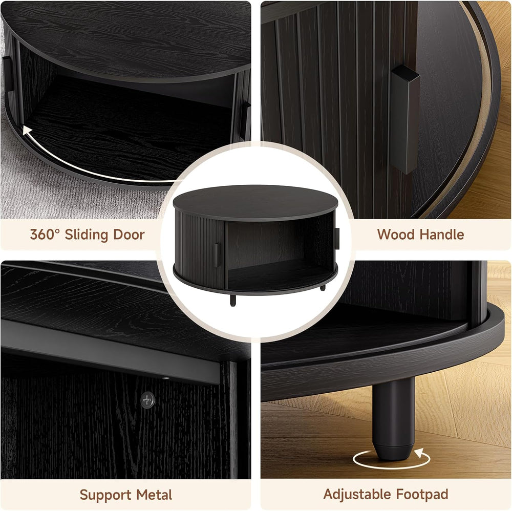 ONBRILL 31.5" Round Coffee Table with Storage Adjustable Footpads Black
