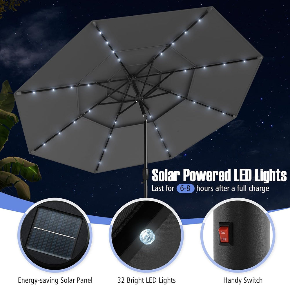 Tangkula 10 FT Solar LED Patio Umbrella, 3-Tier Vented Outdoor Market Table U...