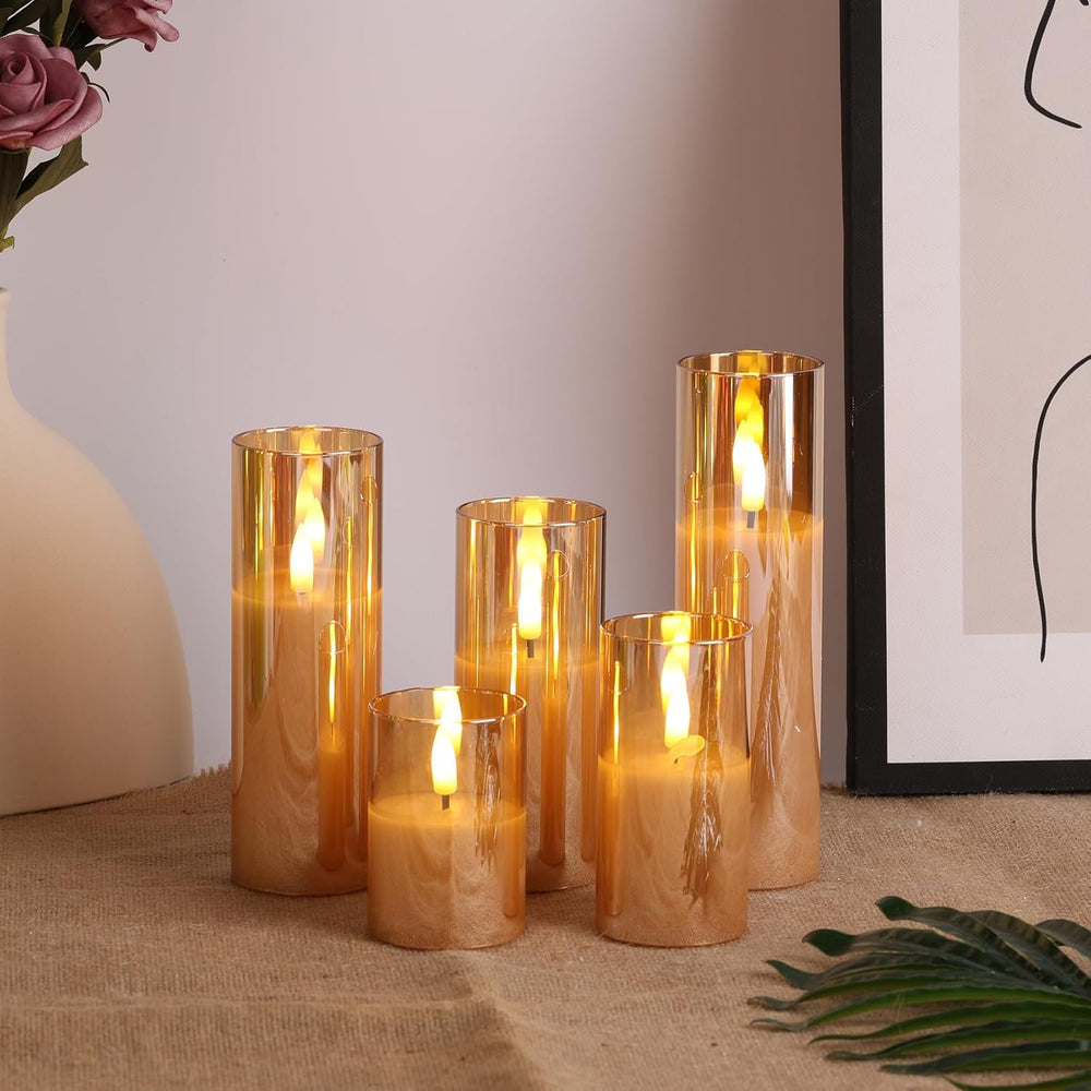 Eywamage Amber Gold Glass Flameless Pillar Candles with Remote Set of 5