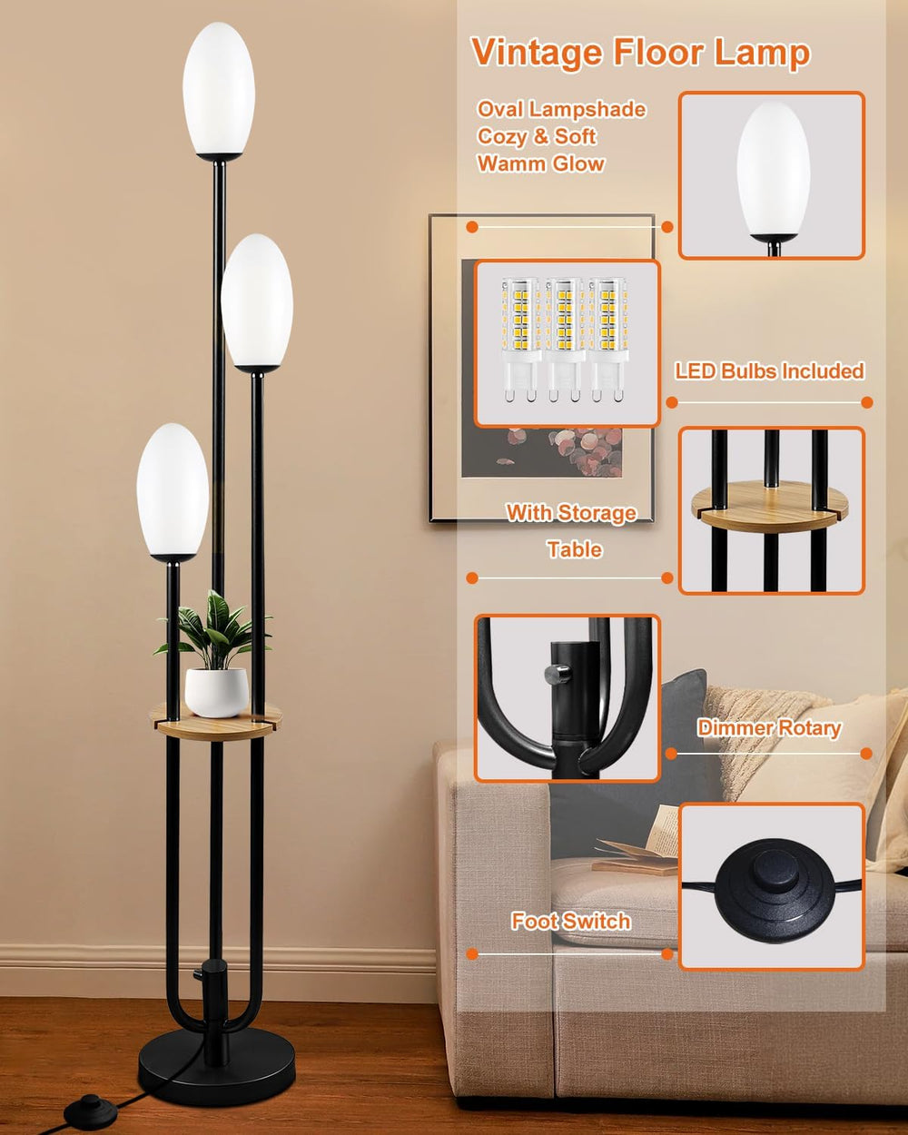 Lightdot LED Floor Lamp Dimmable Globe Floor Lamps with Shelf Mid Century Mod...
