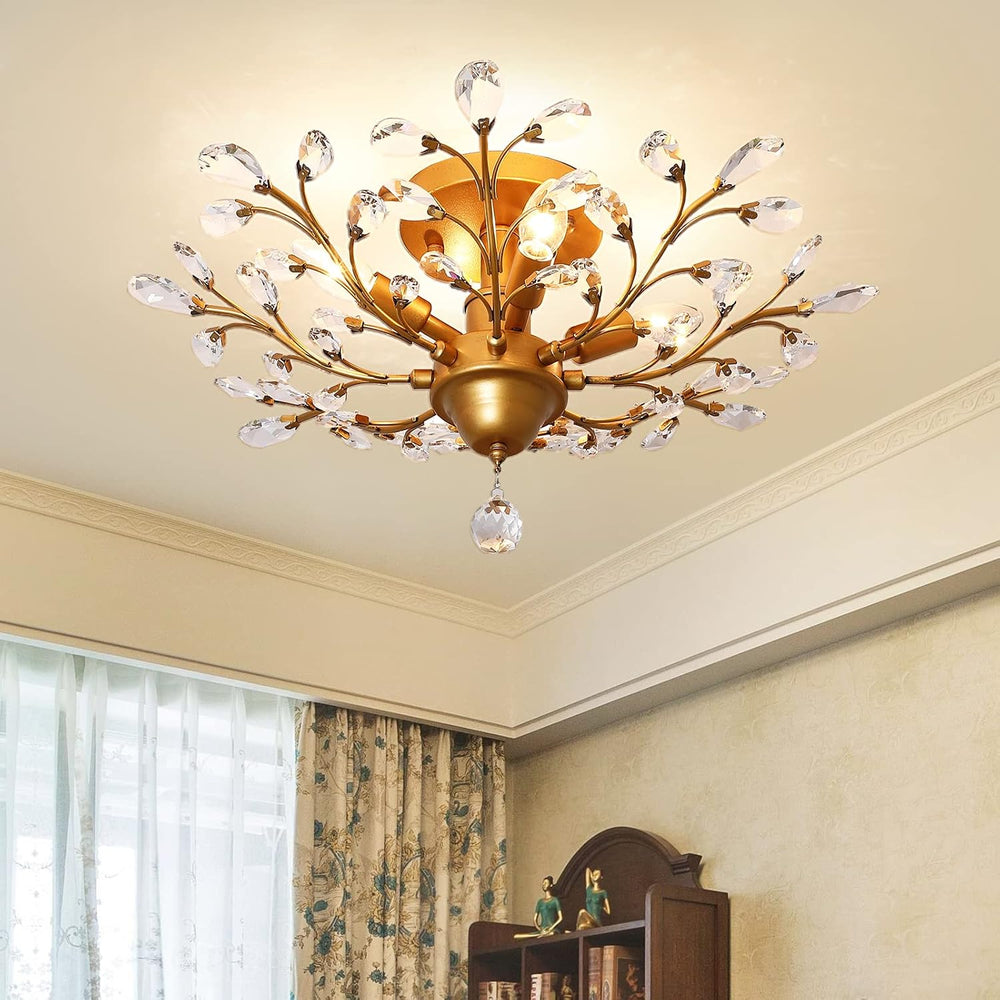 Garwarm Gold Flush Mount Chandelier, 4-Light Crystal Ceiling Light