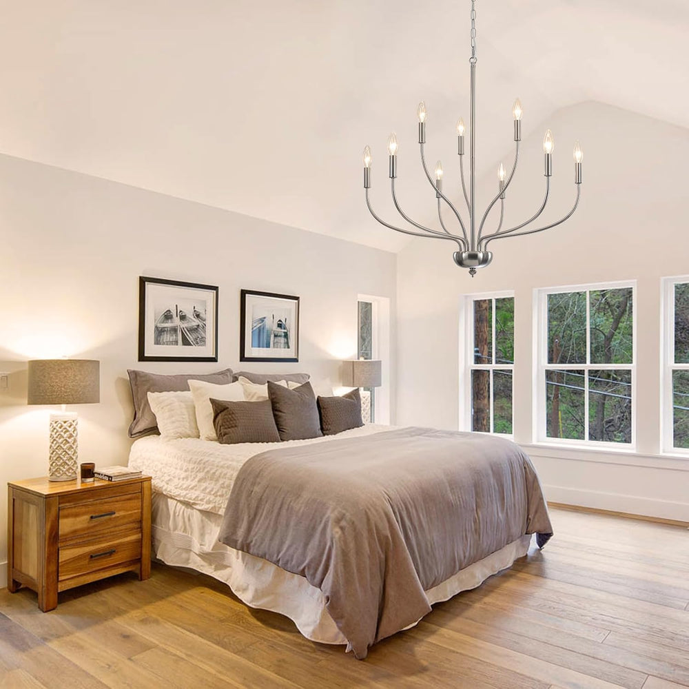 Brushed Nickel Chandelier, 9-Light Farmhouse Chandelier for Dining Room Light...
