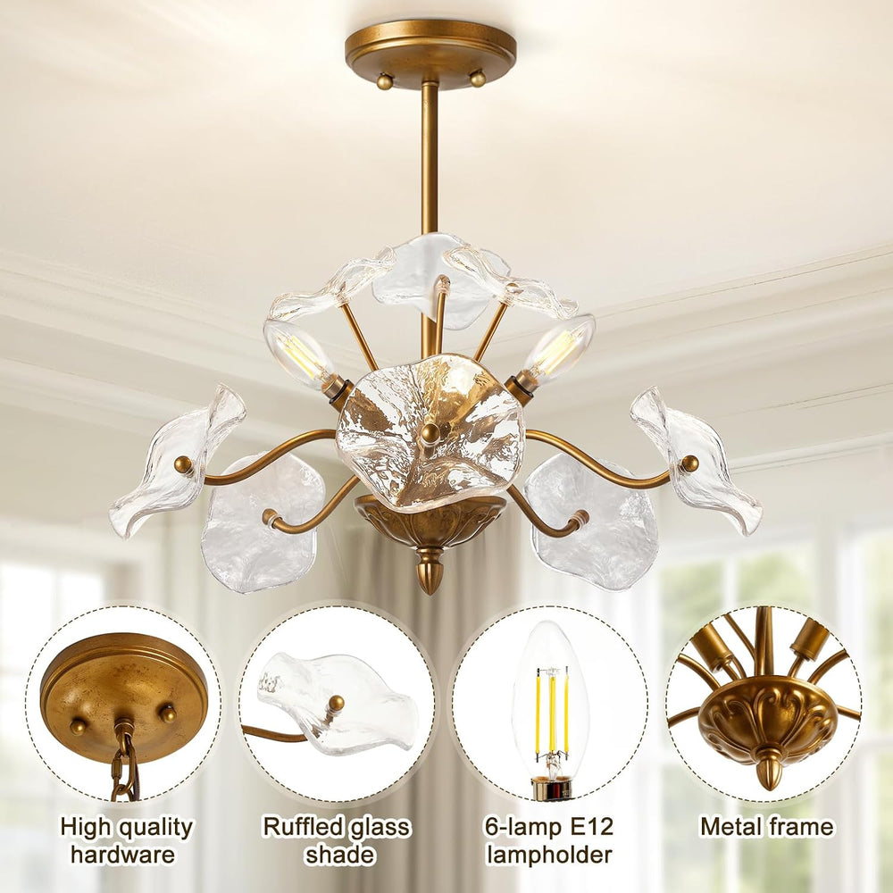 Luvkczc Modern Gold Chandelier,Vintage Brass Flower Glass Pendant Light Fixtu...