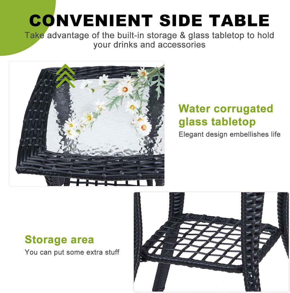 Outvita Rattan Outdoor Side Coffee Table with Glass Tabletop Storage Shelf