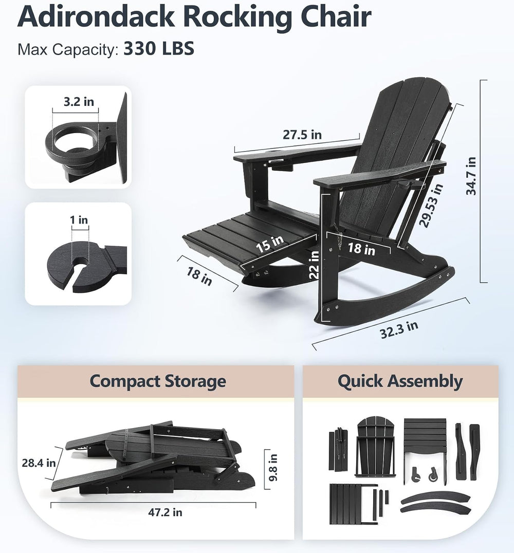 PASAMIC Adirondack Rocking Chairs Set of 2, Foldable All-Weather HDPE Patio R...