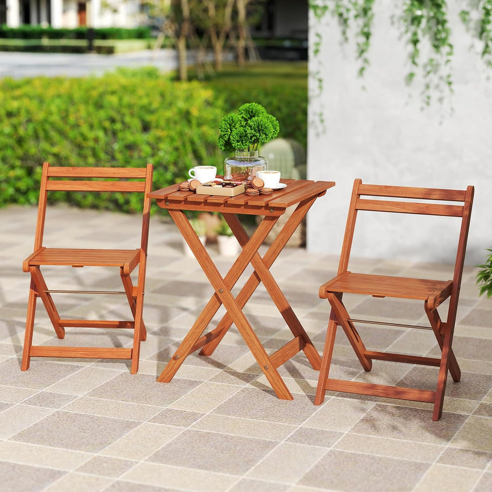 Tangkula 3 Pieces Solid Wood Patio Bistro Set with 2 Folding Chairs, Outdoor ...