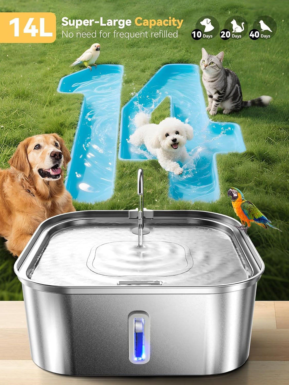 Large Dog Water Fountain 14L/3.7Gal, Stainless Steel Pet Fountain for Large D...