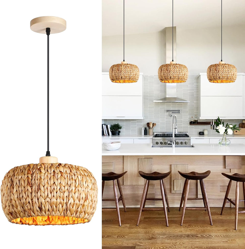 Hand-Woven Rattan Pendant Lights Kitchen Island wiht 12 Inch Wickel Shade