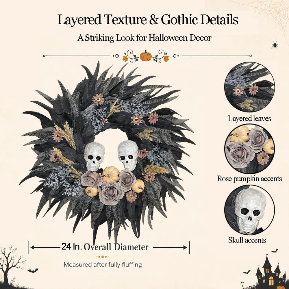 24" Halloween Wreath with 2 Skulls, 3 Pumpkins and Withered Roses