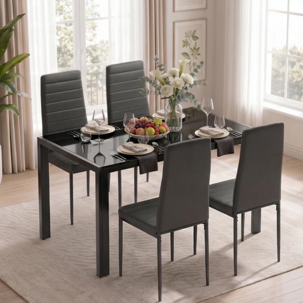 Gizoon Black 5 Piece Glass Dining Table Set, Kitchen Table and Chairs for 4