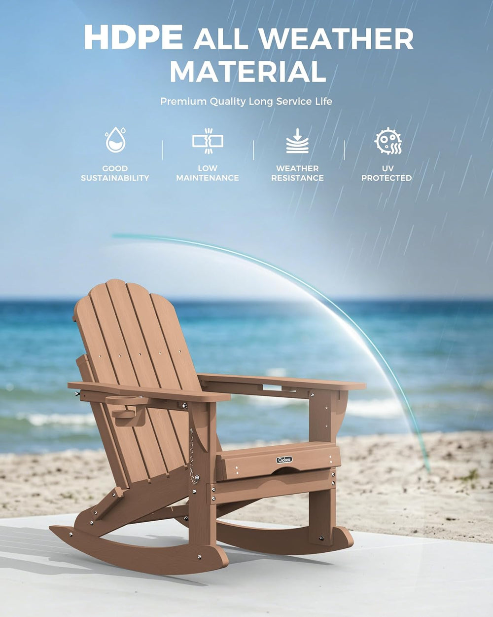 Ciokea Adirondack Rocking Chair with Footrest, Foldable HDPE Rocker (Teak)