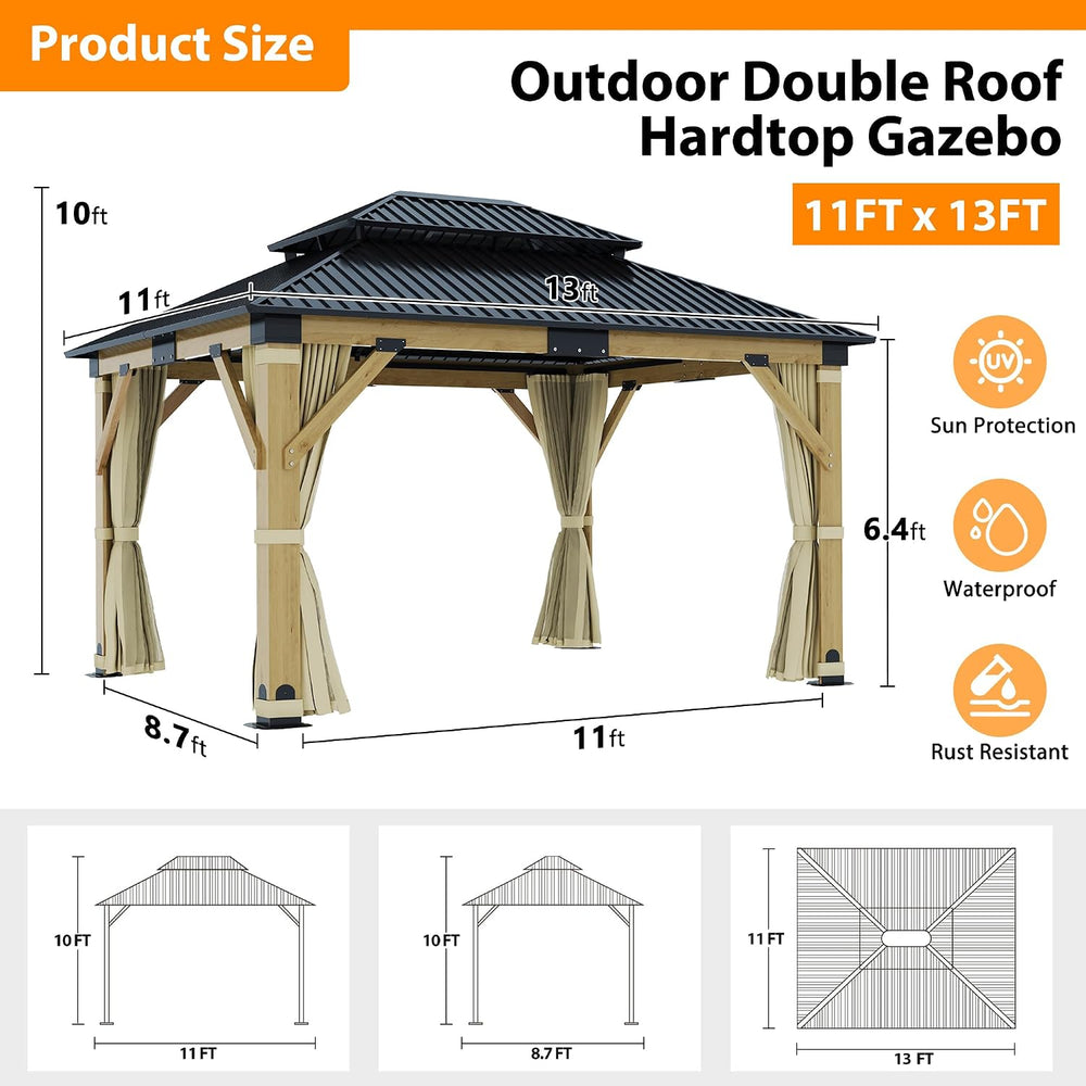 11x13FT Wood Gazebo, Outdoor Wooden Gazebo with Galvanized Steel Double Roof,...