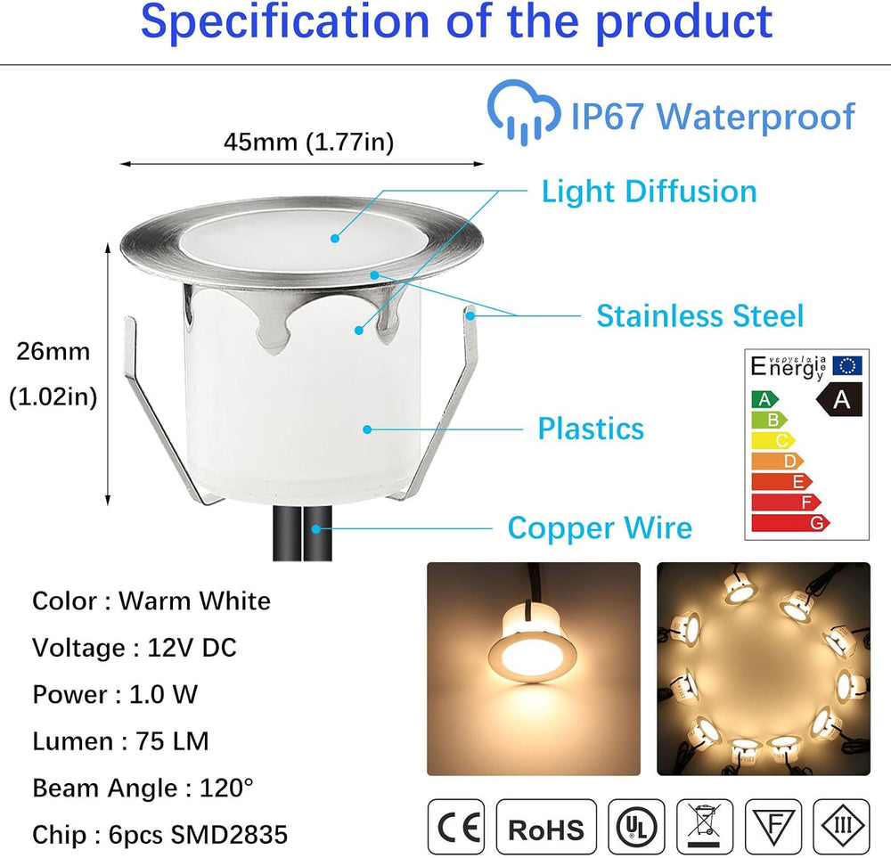 LED Outdoor Deck Lights Kits, Φ1.77in Warm White 20 Pack Silver, Low Voltage ...