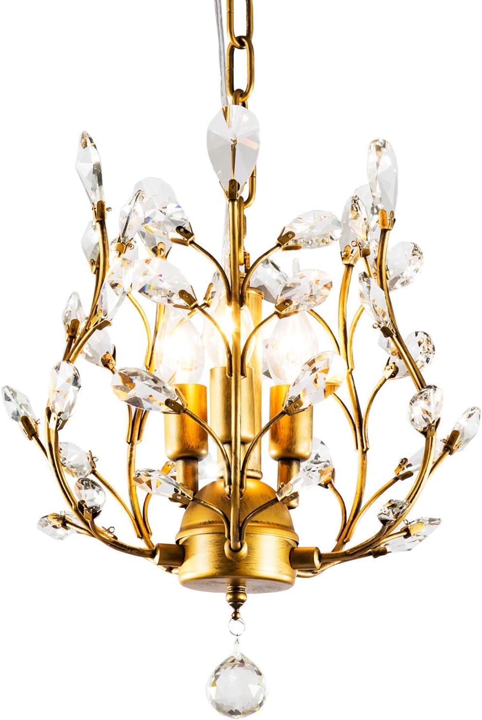 Garwarm 3-Light Gold Crystal Chandelier, Small Chandelier Pendant Light