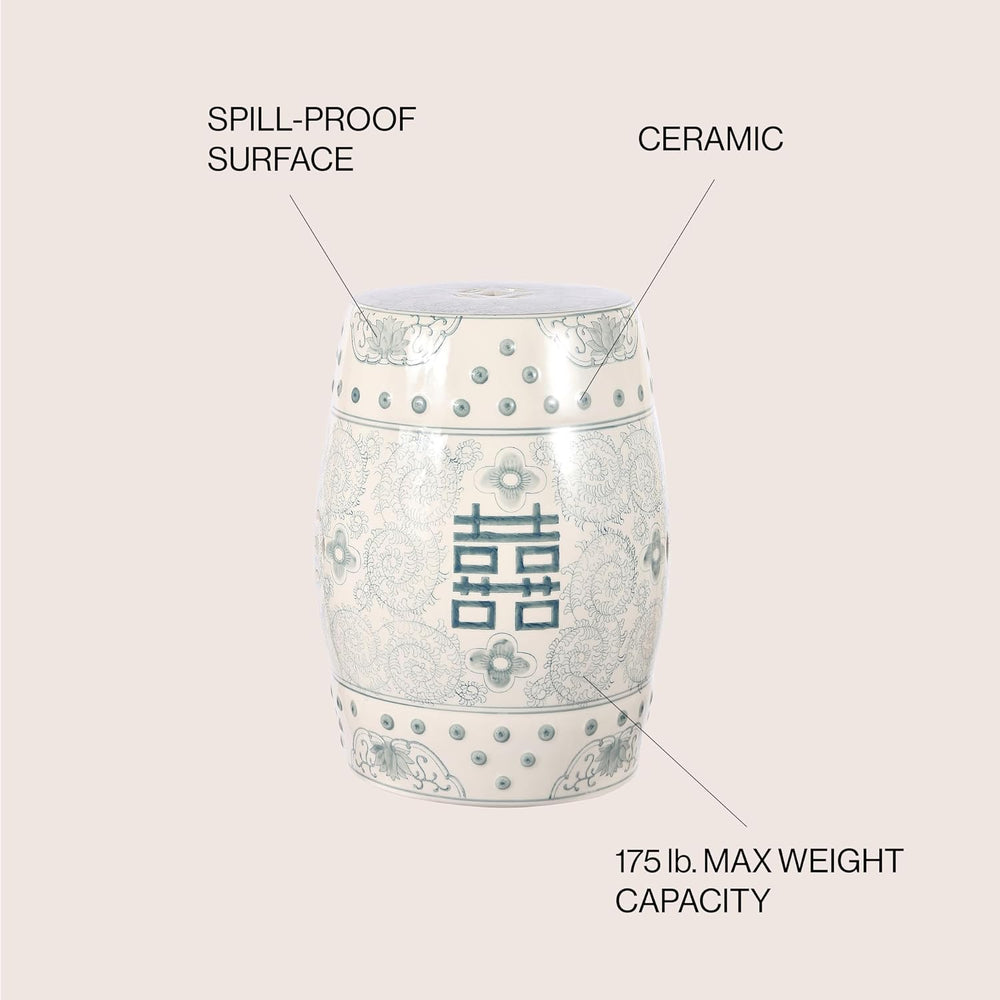 JONATHAN Y Double Happiness Ceramic Garden Stool 18" Table, Gray Blue/White