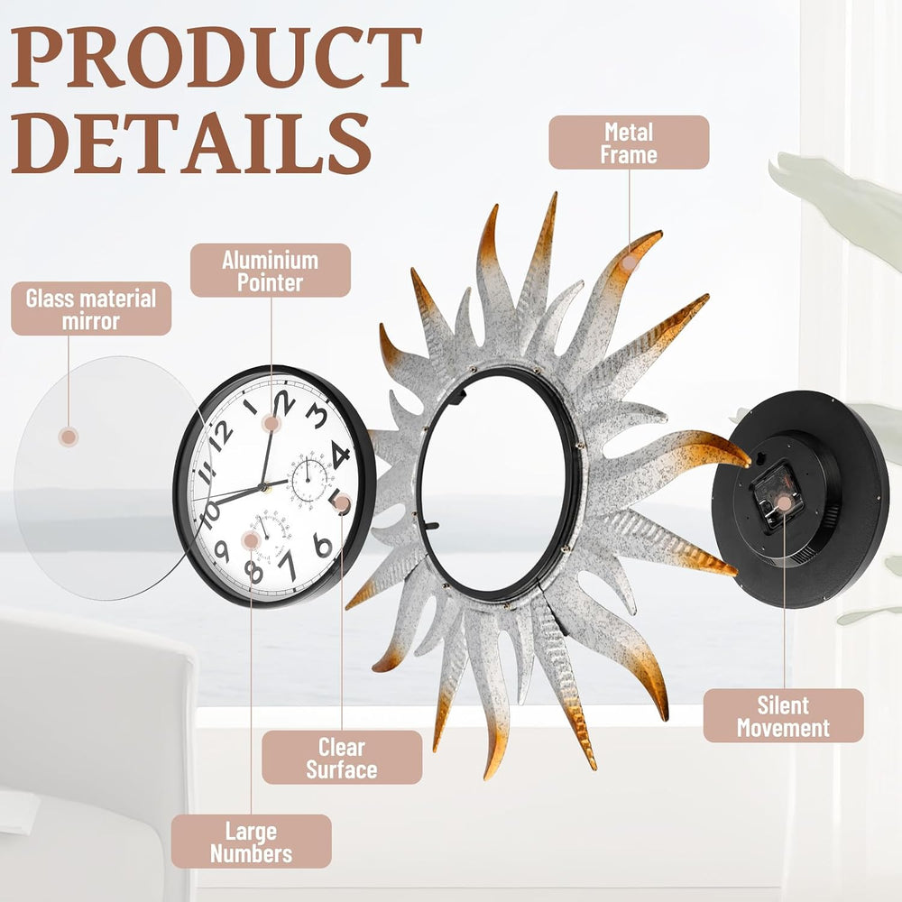 25-Inch Sun-Shaped Outdoor Clock and Thermometer Set, 10-Inch Dial, Battery P...