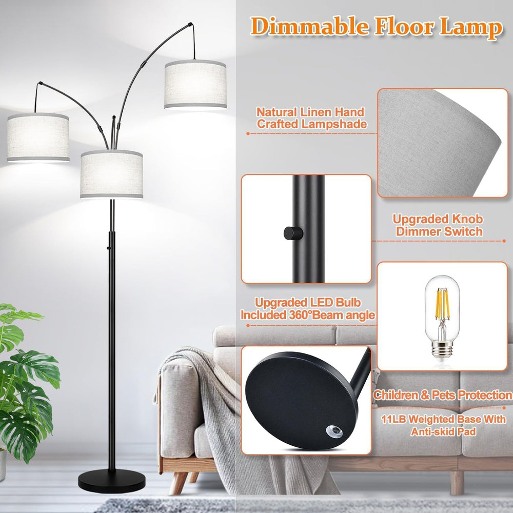 Dimmable Floor Lamp, 3 Lights Black Arc Floor Lamp, Modern Tall Standing Tree...
