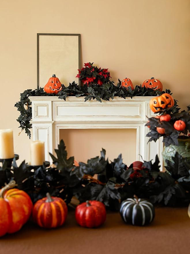 PARTY JOY Black Artificial Maple Leaf Garland - 6PCS 5.6Ft Halloween Decor, G...