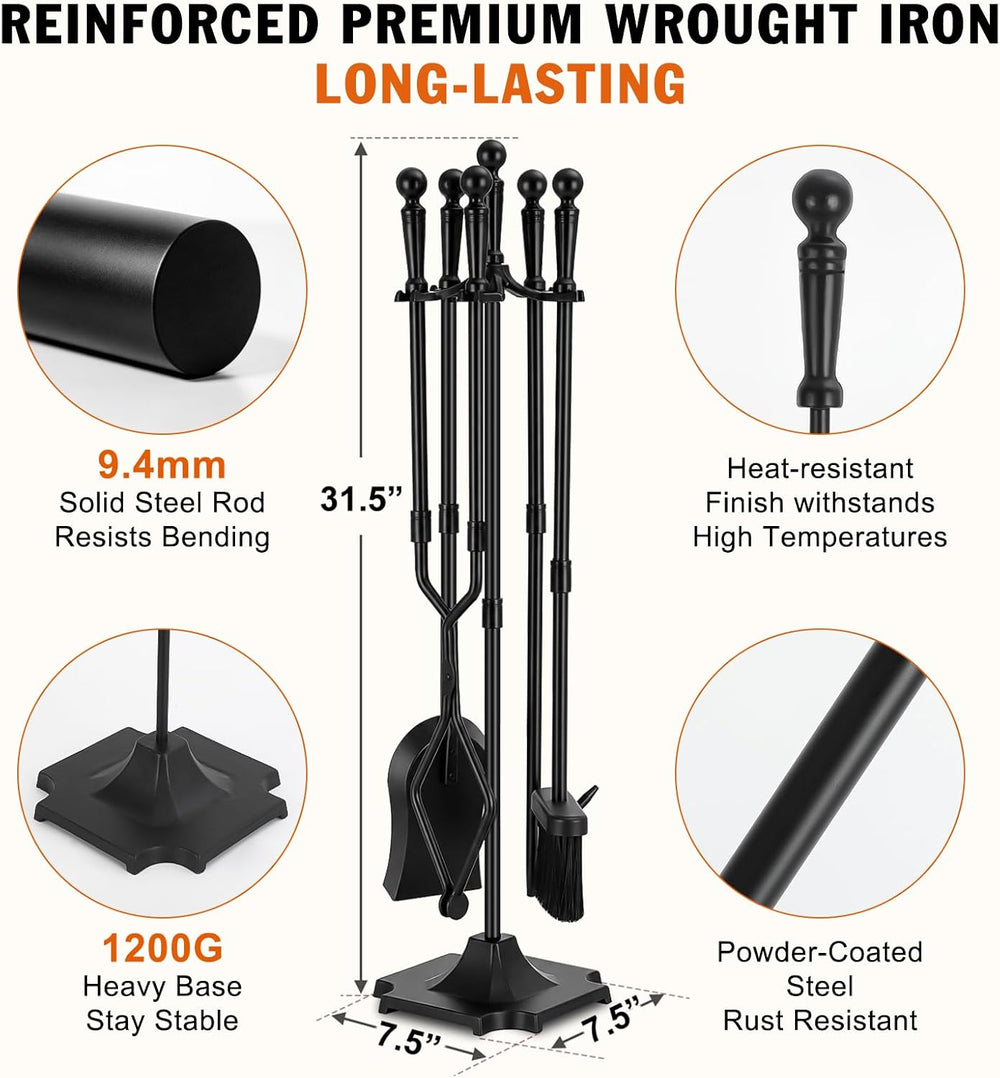 Gtongoko 5-Piece Fireplace Tools Set with Stand, Solid Steel, Black