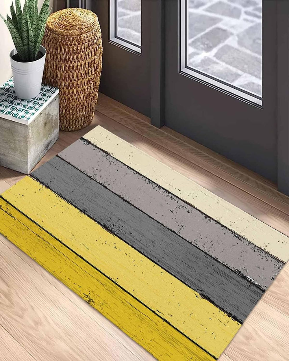 Farmhouse Front Door Mat, Non - Slip Absorbent Door Entry Mats, Wood Grain Do...