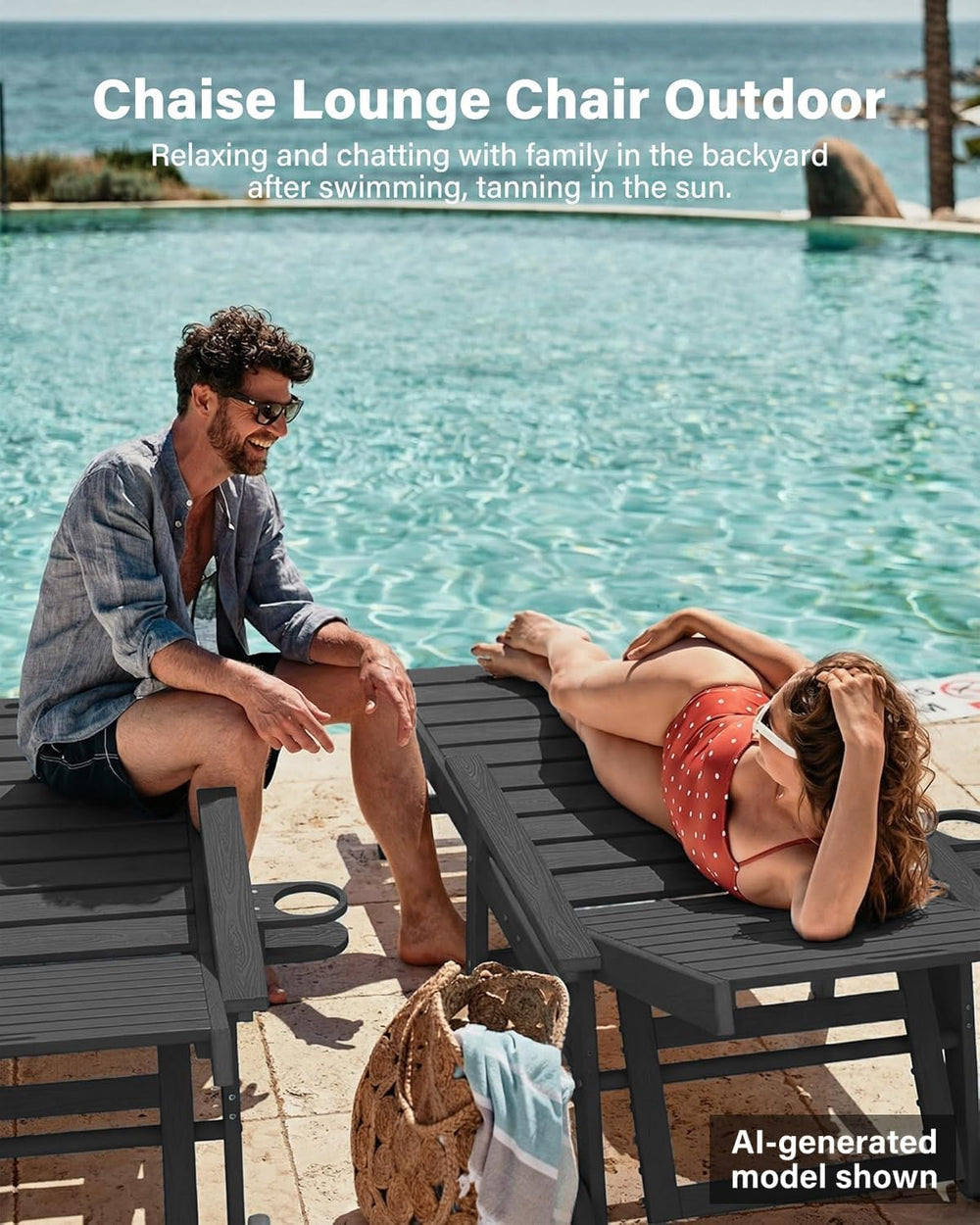 YEFU Lounge Chair Outdoor Set of 2, HIPS Chaise Lounge Outdoor, Black