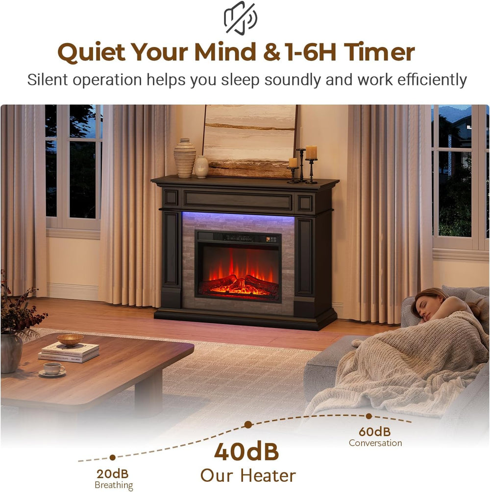 LGHM 44" LED Freestanding Electric Fireplace, Stacked Stone, Black