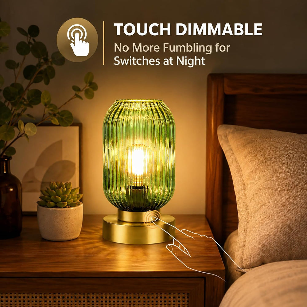 Mid Century Modern Table Lamp, Touch Control & 3 Way Dimmable, Green Ribb...