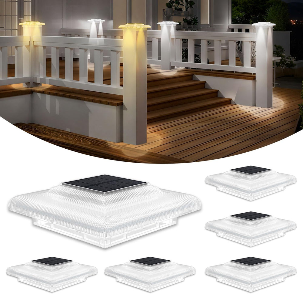 T-SUN 4x4 Solar Post Lights, 6 Pack Warm & Cool White for Post with Stairs