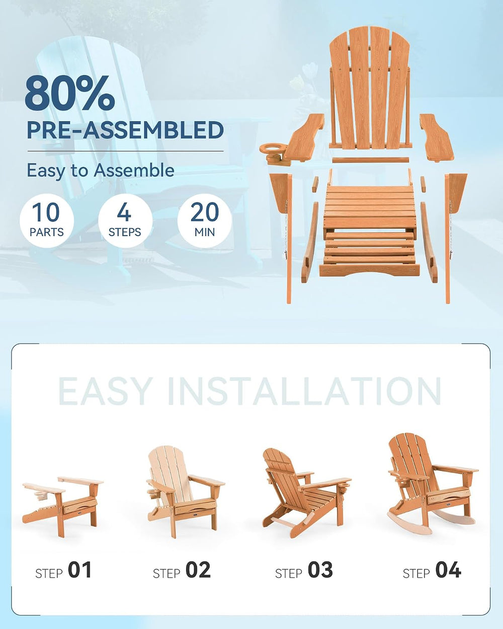 Adjustable Adirondack Rocking Chair with Retractable Ottoman, 4-in-1 Multifun...