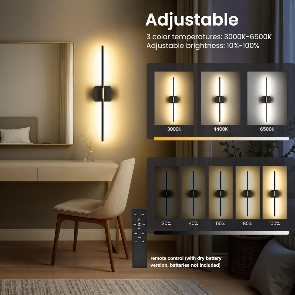 10000mAh Battery Operated Wall Sconces Set of 2, Black Gold-29Inch