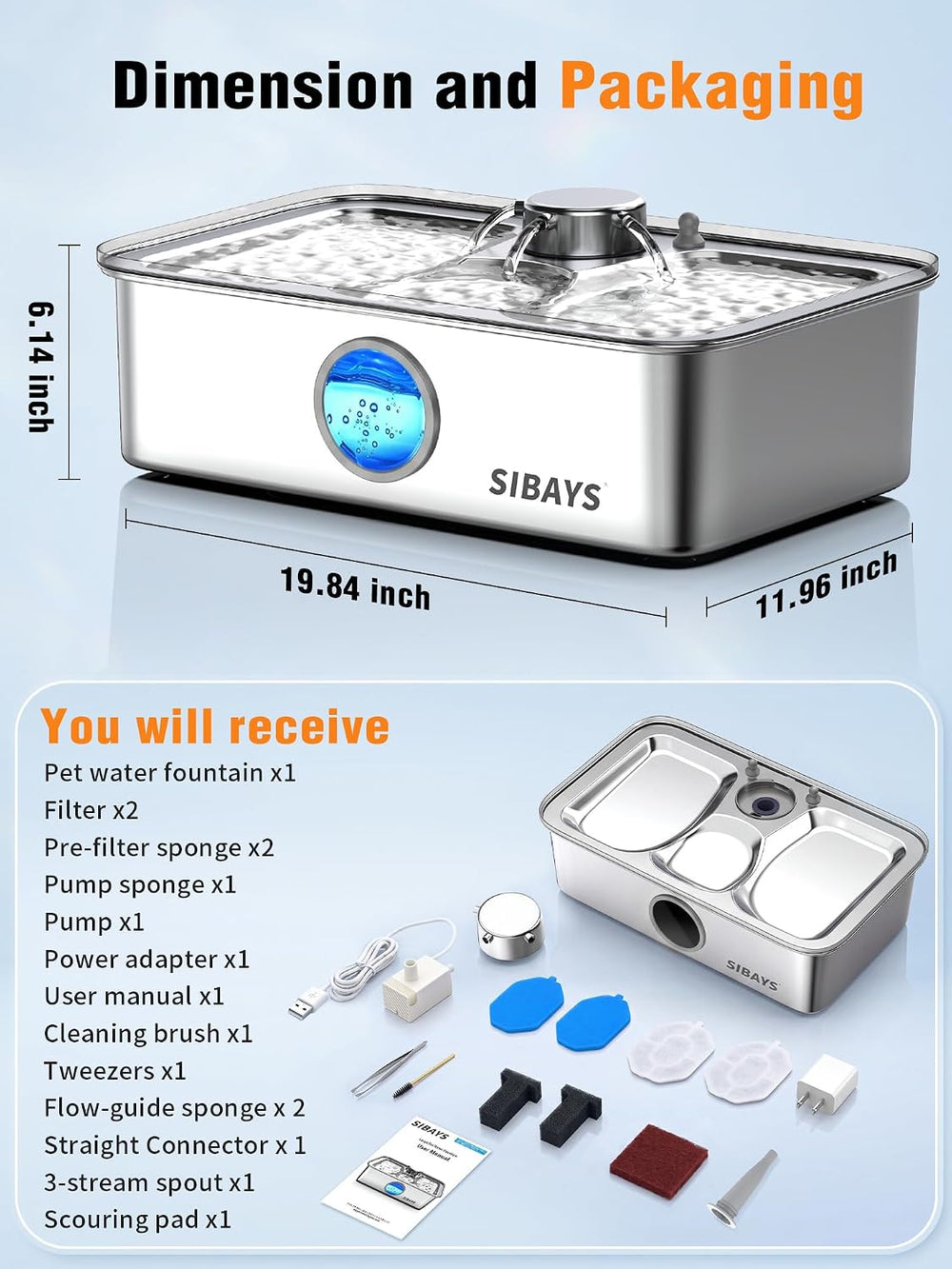 SIBAYS 17L Dog Water Fountain, Stainless Steel Pet Water Fountain FS83