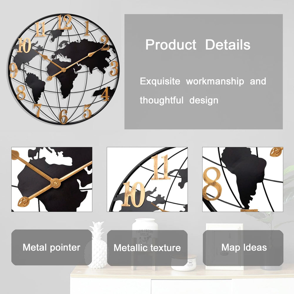 Large World Map Wall Clock Metal Minimalist Modern Round Silent Wall Decor
