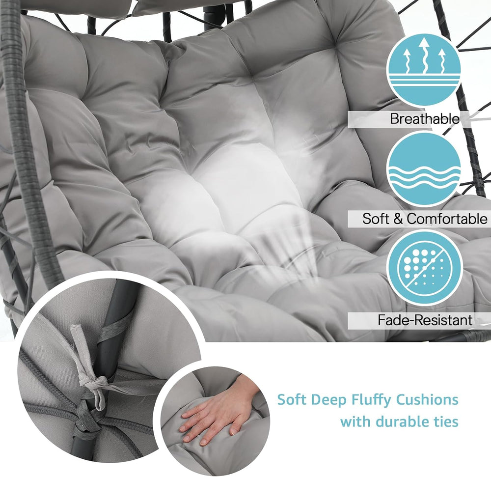 Patiorama 2 Person Double Egg Swing Chair with Stand, Wicker, Light Grey