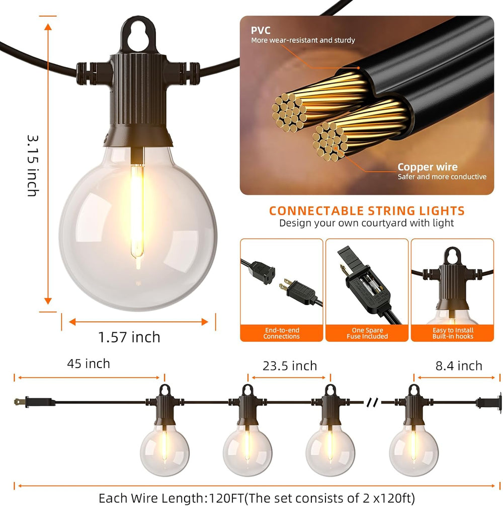 Kawaya G40 Outdoor String Lights 240FT IP65 Waterproof 2700K Patio Light