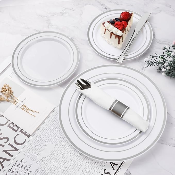 BESTVIP 175PCS Silver Plastic Dinnerware Set, Disposable Party Plates for 25 ...