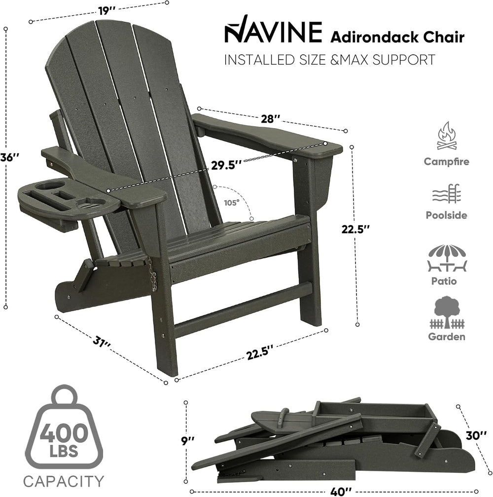 NAVINE Folding Adirondack Chairs Set of 2 with 4-in-1 Cup Holder, Grey
