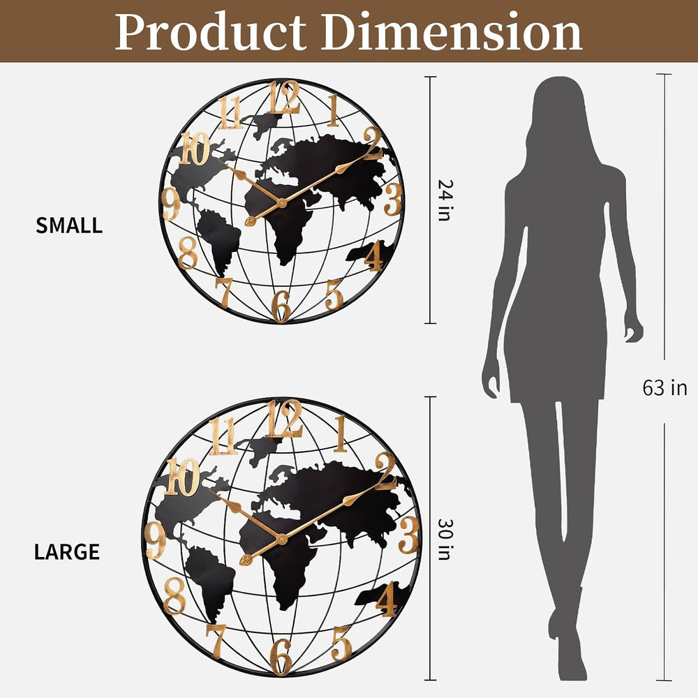 Large World Map Wall Clock Metal Minimalist Modern Round Silent Wall Decor