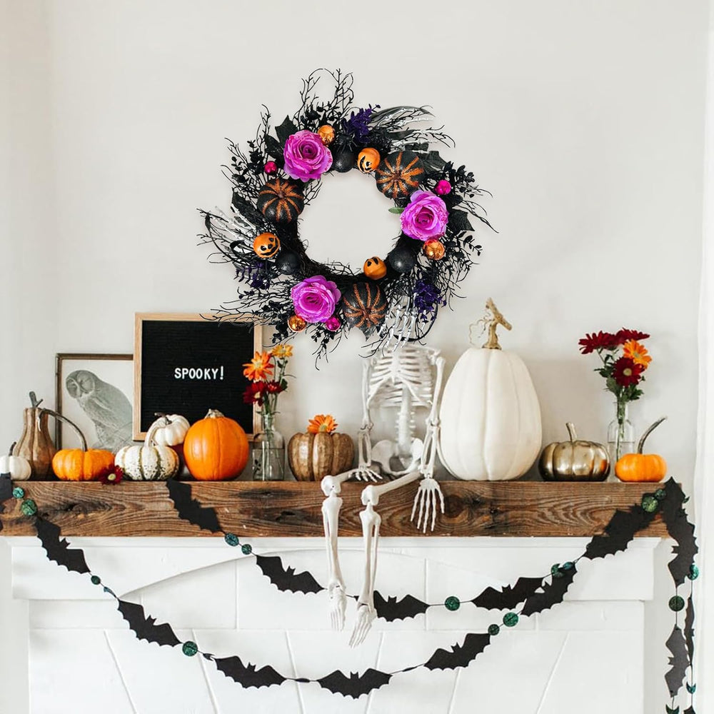 22 Inch Halloween Wreaths for Front Door Artificial Black Welcome Wreath with...