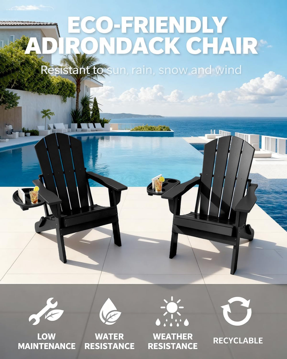 NAVINE Folding Adirondack Chairs with 4-in-1 Cup Holder for Fire Pit, Black