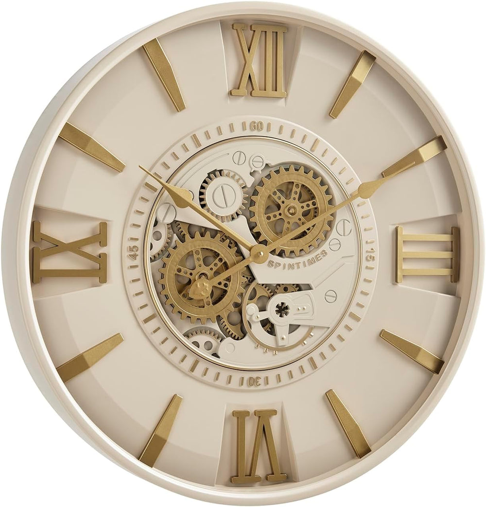 CLXEAST Mid Century Modern 24 Inch Moving Gear Walll Clock, Ivory &Gold