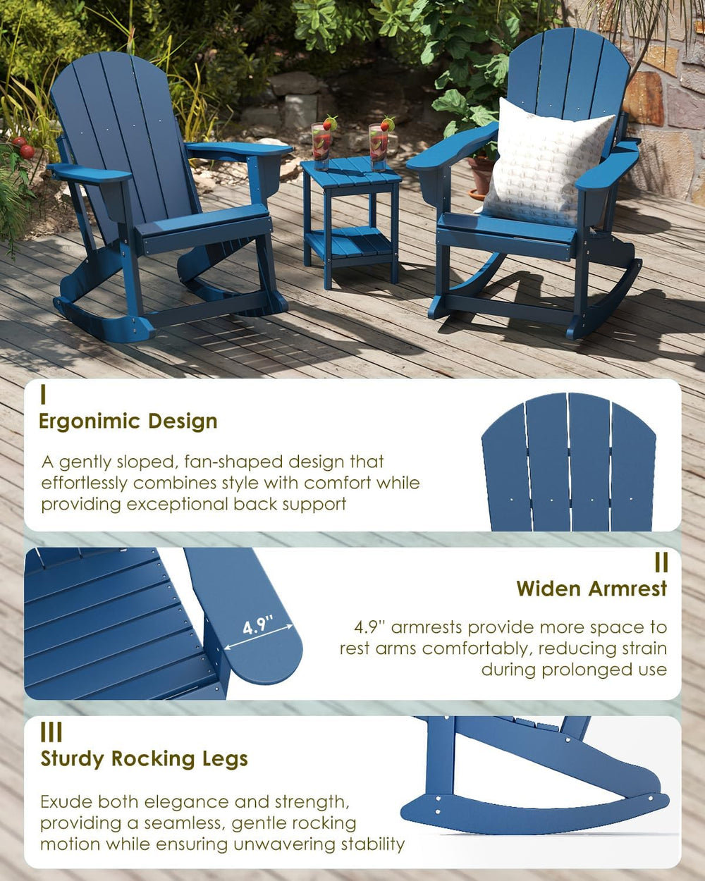 GREENVINES Adirondack Rocking Chairs Set of 2, HDPE Outdoor Rockers, Blue
