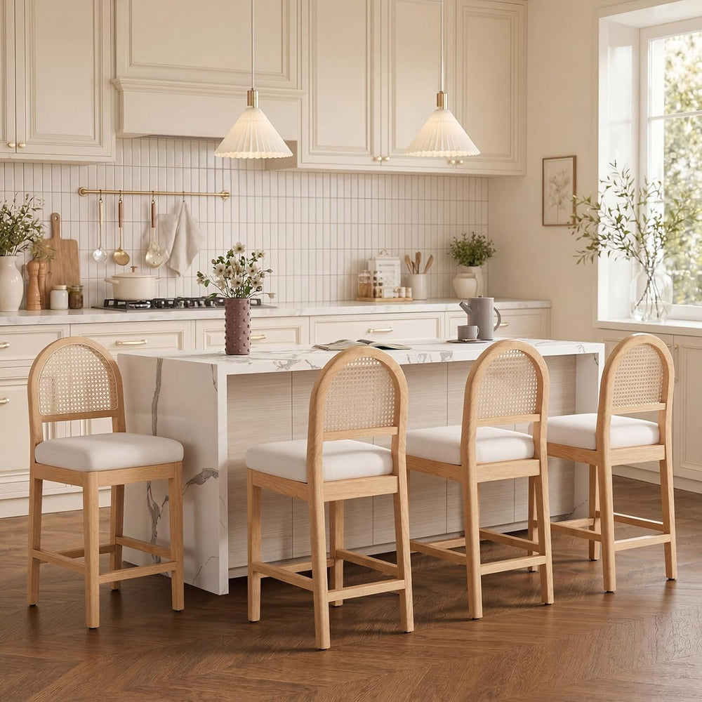 Farmhouse Rattan Counter Height Bar Stools Set of 4, Chenille Upholstered Bar...