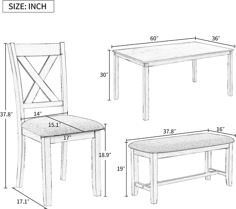 Merax 6-Piece Farmhouse Dining Table Set, 60" Solid Wood Rectangular Kit...