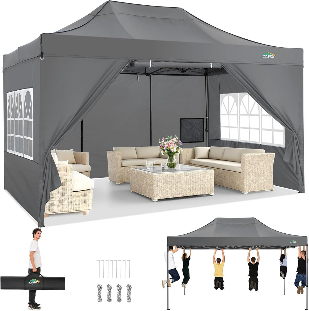 COBIZI 10x15 Heavy Duty Pop Up Canopy Tent with 4 Sidewalls, Gray