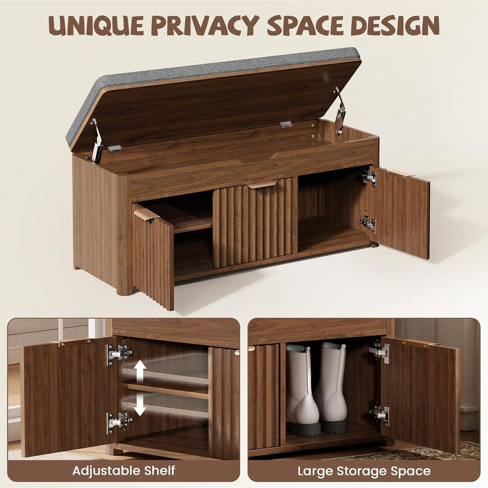 37.4" W Shoe Bench with Storage, Lift Top Entryway Bench, Walnut