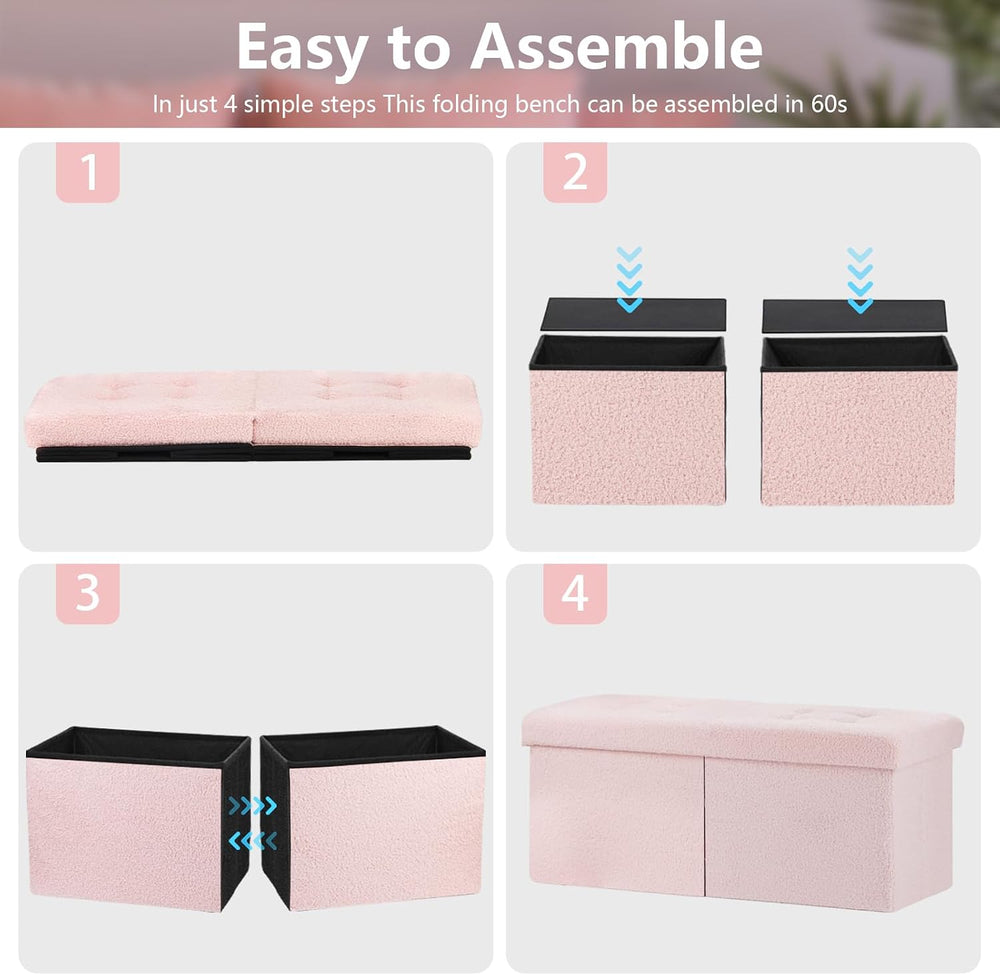 Storage Ottoman Bench, 34" Teddy Velvet Folding Foot Rest, Pink