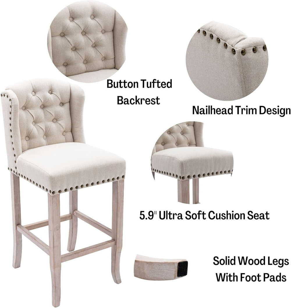 Classic 30" Linen Bar Stools Set of 2, Button Tufted Wingback Tall Bar C...