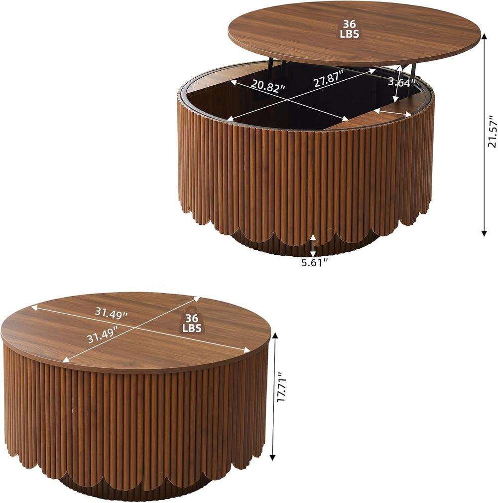Round Lift Top Coffee Table with Storage, Fluted Circle Coffee Table,Walnut
