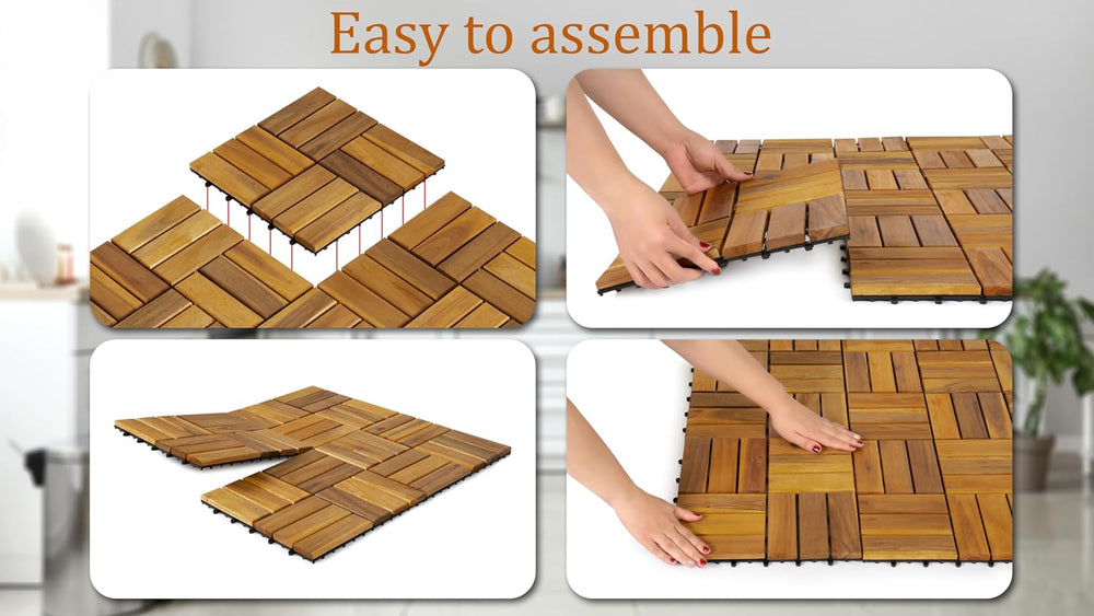 Interlocking Deck Tiles, 10 PCS 12" x 12" Acacia Wood, Natural Color